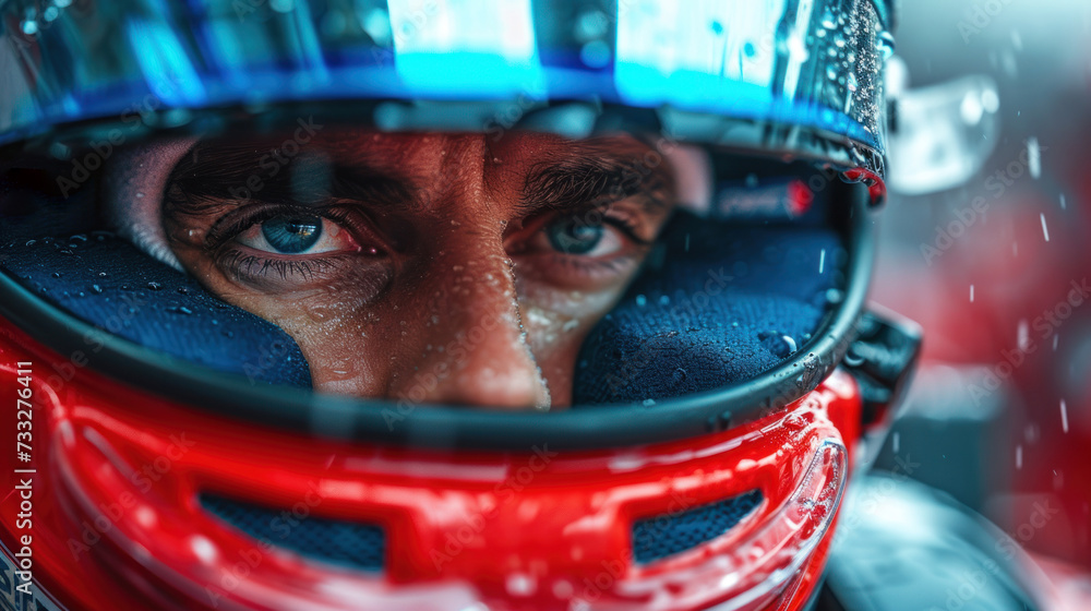 Formula one racing. Driver in helmet before start of competition Formula one racing. Driver in helmet before start of competition