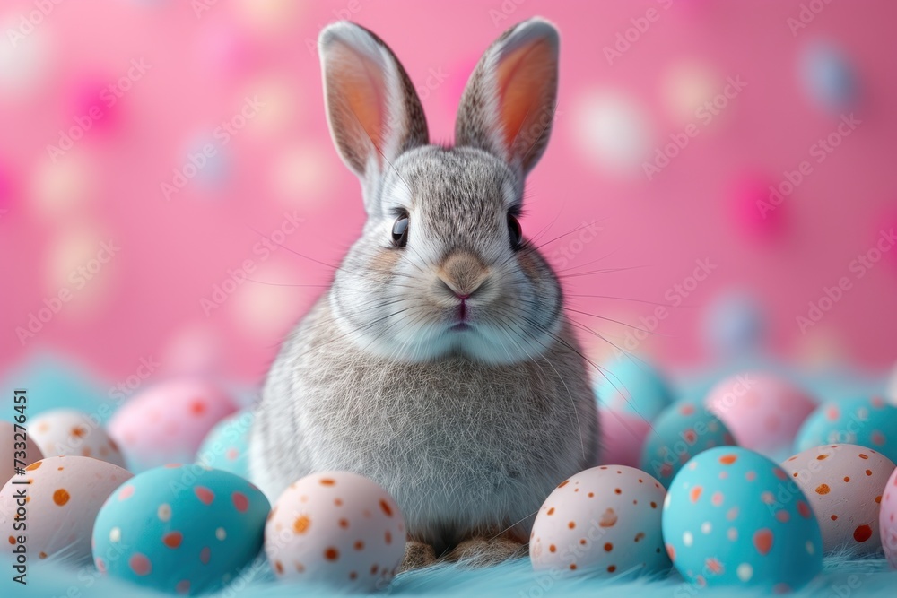 Humorous Easter bunny dressed in an egg costume on a pastel background Humorous Easter bunny dressed in an egg costume on a pastel background