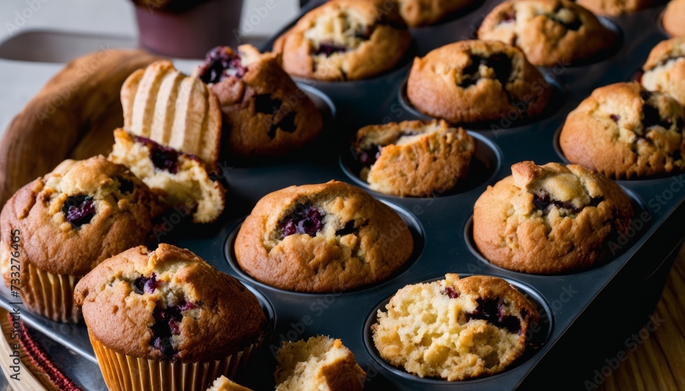 A tray of muffins with blueberries and a muffin cutter A tray of muffins with blueberries and a muffin cutter