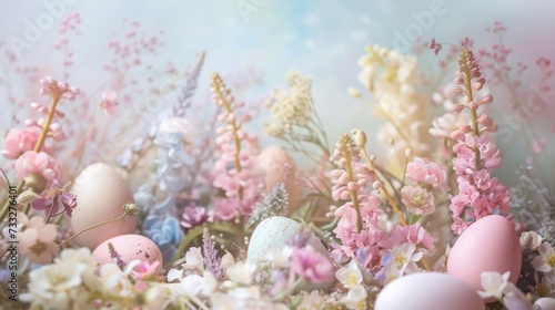 A Serene Spring Backdrop Featuring Pastel Flowers and Delicate Easter Eggs