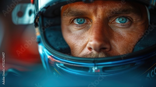 Formula one racing. Driver in helmet before start of competition photo