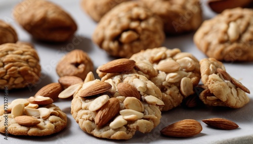 A bunch of almond cookies on a white surface