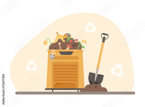 Compost box with soil and food waste vector illustration. Recycling signs on background. Bio recycling garbage, waste products for organic fertilizer. Agriculture, reducing food waste 