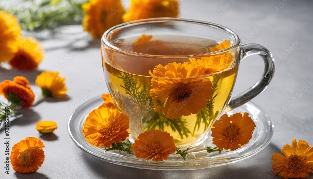 A cup of tea with orange flowers on top A cup of tea with orange flowers on top