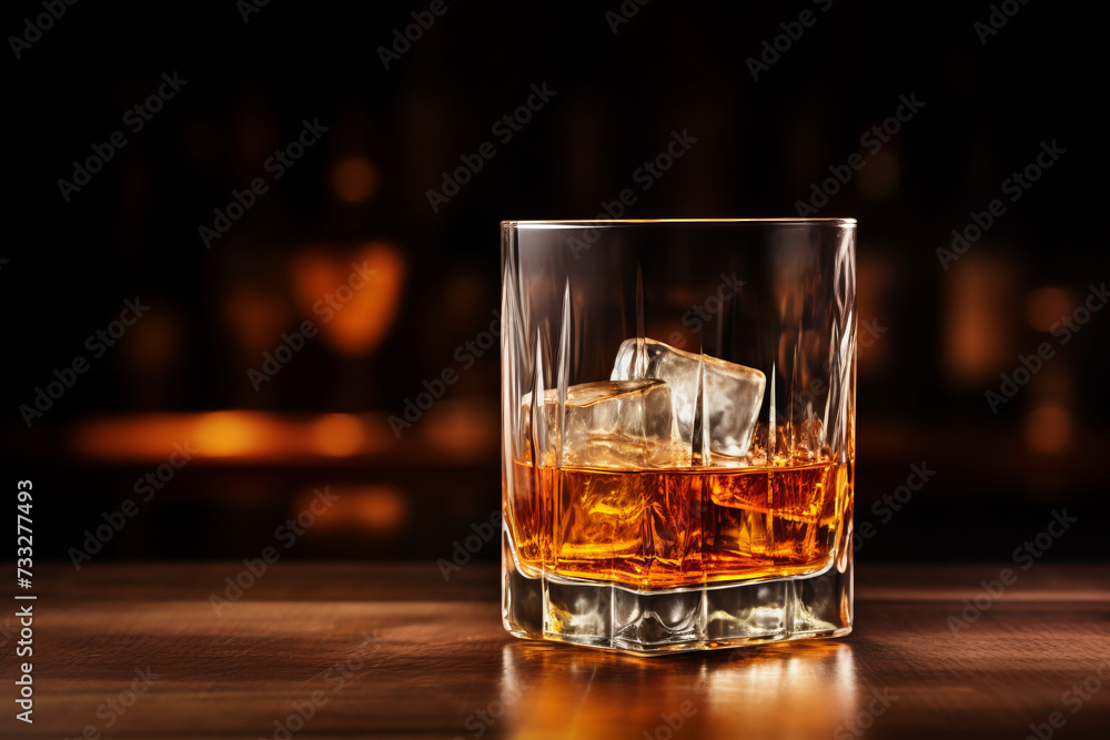Whiskey glass with ice on wooden table in bar, dark background Whiskey glass with ice on wooden table in bar, dark background