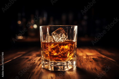 Whiskey glass with ice on wooden table in bar, dark background