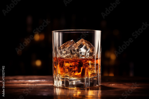 Whiskey glass with ice on wooden table in bar, dark background