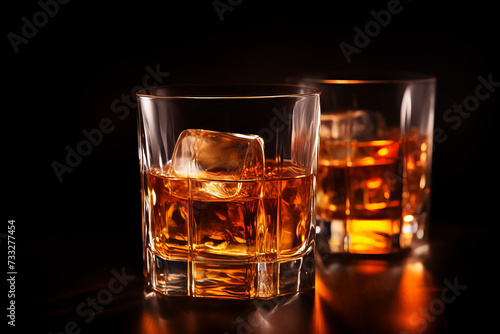 Two Whiskey glasses with ice on wooden table  in bar, dark background