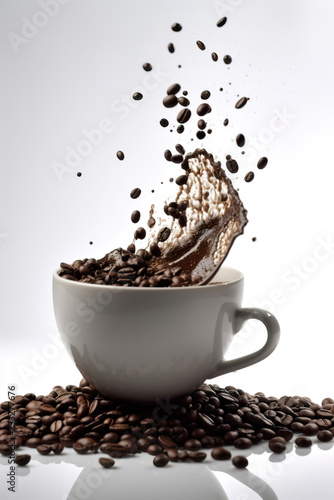 coffee beans splash and cup