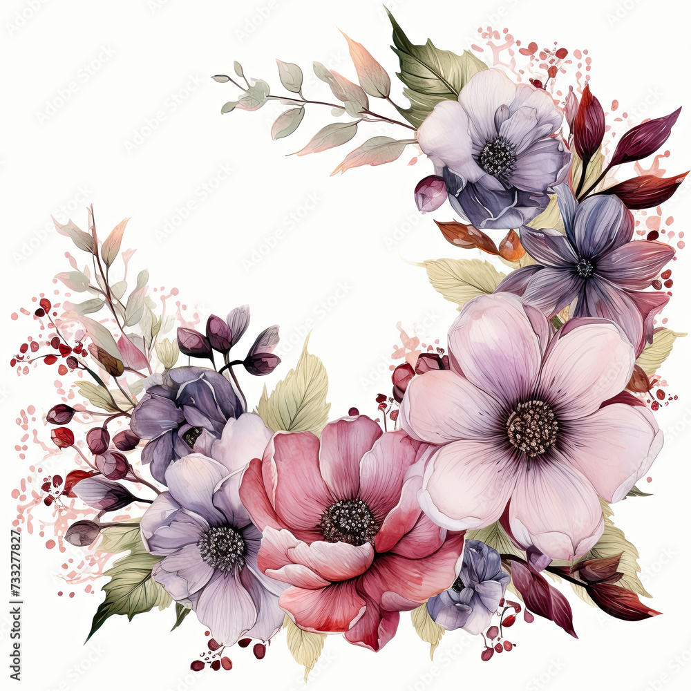 Watercolor floral bouquet on white background.