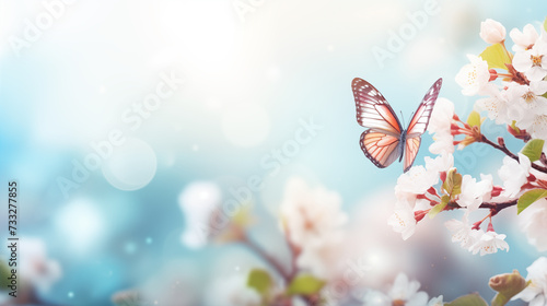 Spring background with blooming cherry tree and butterfly. © tbralnina