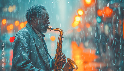 Portrait of a black musician playing the saxophone on a city street, April, Jazz Appreciation Month 