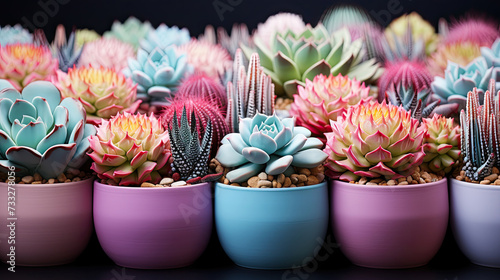Succulents in colorful pots on black background