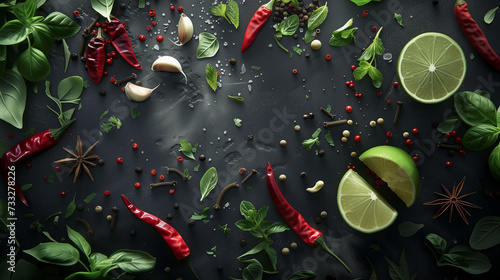 Fresh lime, chili pepper, and spices on dark background, vibrant food photography concept © Benixs