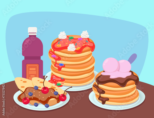 Stacks of delicious pancakes with syrup, chocolate, berries and ice-cream. Vector illustration. Celebration of pancake day, delights, cooking concept