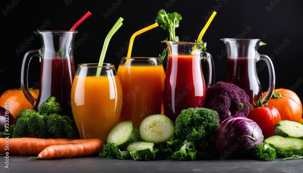 A table full of vegetables and glasses of orange juice A table full of vegetables and glasses of orange juice