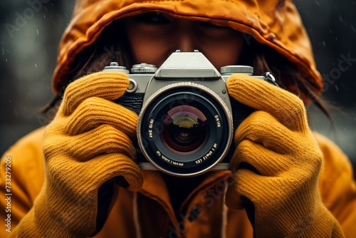 Vibrant Close-Up of Passionate Photographer with Camera Capturing the Energy of the Cityscape