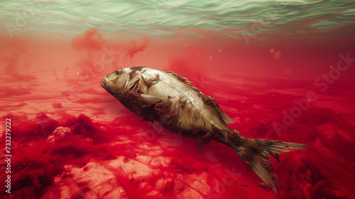 Dead fish in red bloody waters seven plagues of Revelation book death of marine life Generative AI Illustration photo