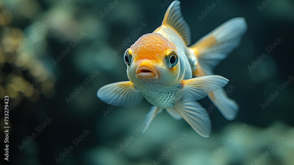 a close up of a goldfish in an aquarium looking at the camera with a surprised look on its face.