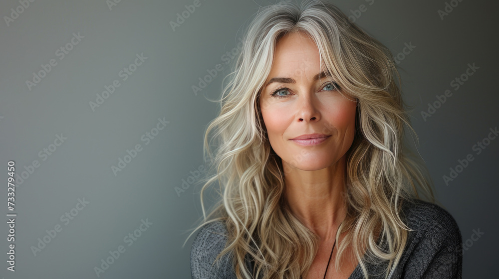 Fototapeta premium Portrait of beautiful senior woman on grey background.