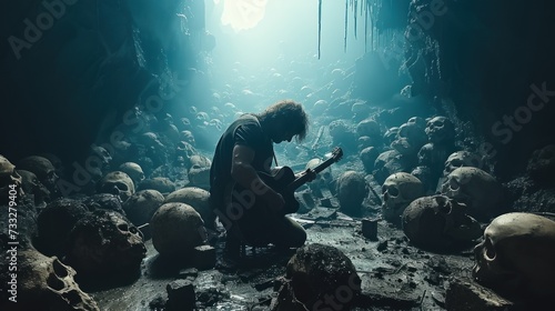 a man sitting in the middle of a cave with skulls on the ground and a cell phone in his hand.
