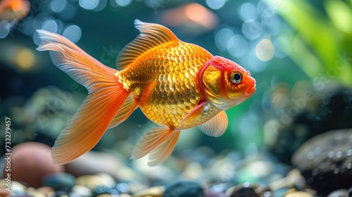 a close up of a goldfish in an aquarium with rocks in the foreground and water in the background.