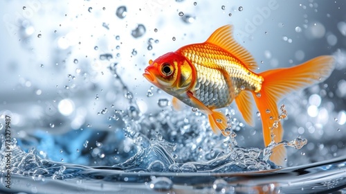a goldfish swimming in the water with a splash of water on it s back and it s head above the water s surface.