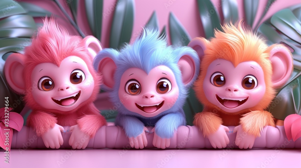 a group of three monkeys sitting next to each other on top of a pink floor next to a green plant. a group of three monkeys sitting next to each other on top of a pink floor next to a green plant.
