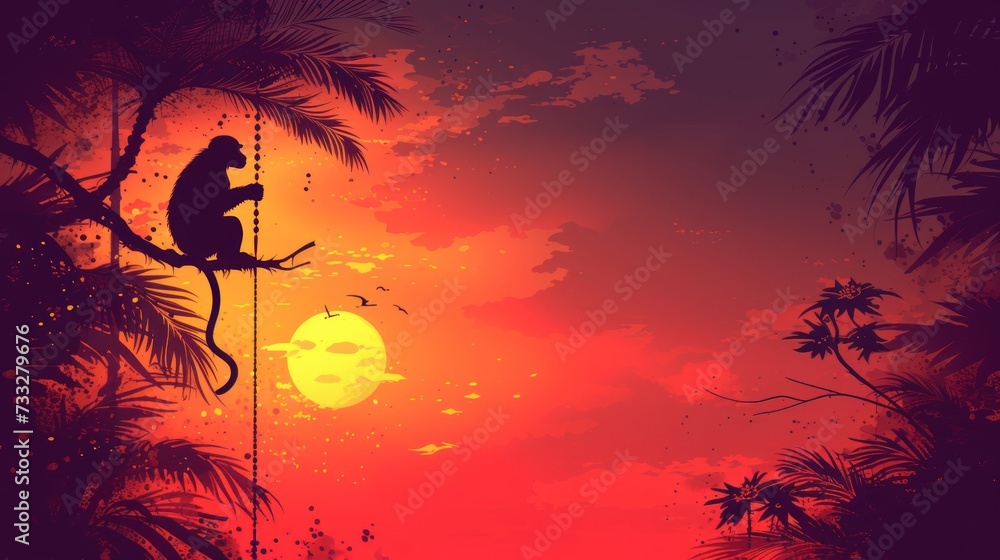 a monkey sitting on a tree branch in front of an orange and red sky with the sun in the background. a monkey sitting on a tree branch in front of an orange and red sky with the sun in the background.