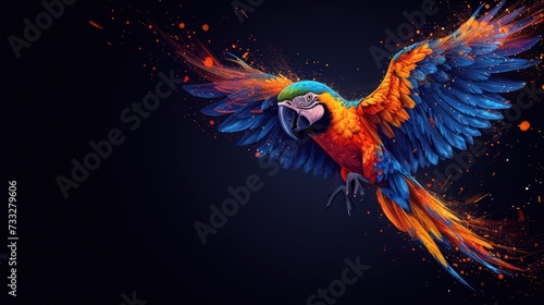 a colorful parrot flying through the air with it's wings spread out and wings spread wide, with a black background. © Jevjenijs