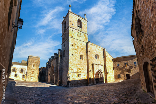 Medieval cathedral in the old town of the monumental city of Caceres, Extremadura. photo