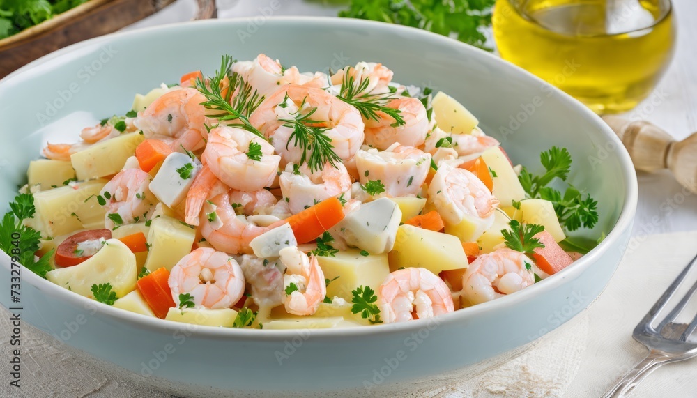 A bowl of shrimp and cheese salad with herbs on top