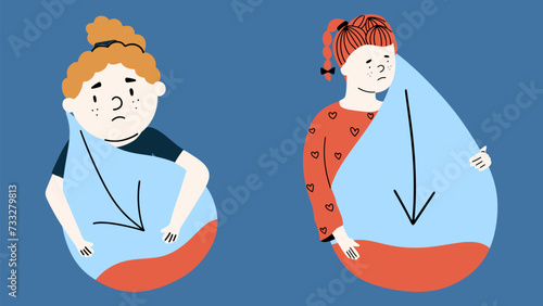 Children hugs a drop of blood with a low sugar reading. The concept of prediabetes or anemia. Vector illustration in hand drawn style