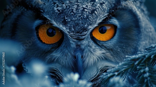 a close up of an owl's face with orange eyes and a pine tree branch in the foreground.