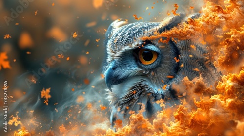 a close up of an owl's face with a lot of fire coming out of it's eyes.