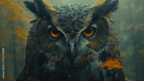 an owl standing in the middle of a forest with yellow leaves on it's back and its eyes open.