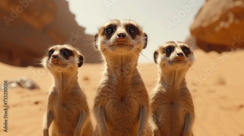 a group of three meerkats standing next to each other on a sandy area with a rock formation in the background. © Jevjenijs