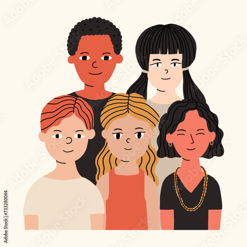 The concept of cultural diversity. Children of different nationalities together. Vector illustration in hand drawn style photo