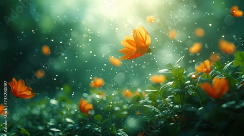 a bunch of orange flowers that are in the grass with water droplets on the grass and the sun shining in the background.