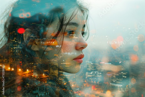 Double Exposure, Woman and the city. Portrait, Closeup. Surreal Abstract Double Exposure Photo. Copyspace.