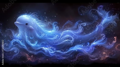 a painting of a white bird with blue swirls on it's wings and a star filled sky in the background. © Jevjenijs