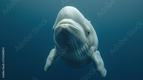 a close up of a large white whale swimming in the ocean with it's head above the water's surface. © Jevjenijs
