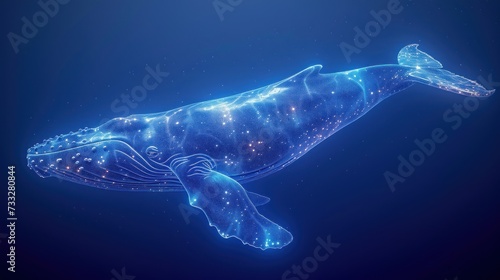 a blue whale floating in the ocean with a lot of dots on it's body and it's tail.