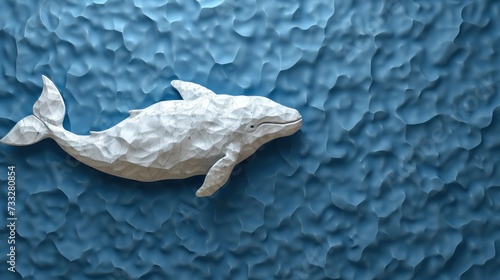 a white origami whale floating on a blue body of water with a pattern of waves on it's surface. photo