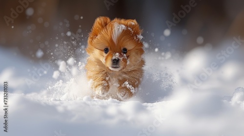 a small brown dog running through a pile of snow with it's front paws on it's head. © Jevjenijs