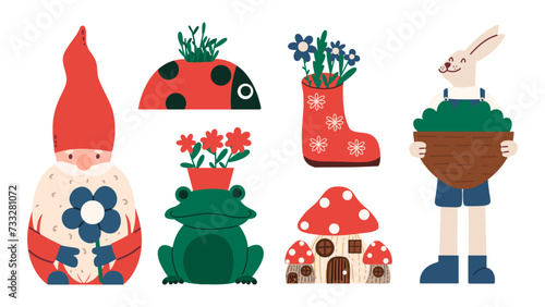 Garden ceramic figurines set. Fairy-tale characters toys for the home. Gnome, frog, rabbit. Vector illustration.