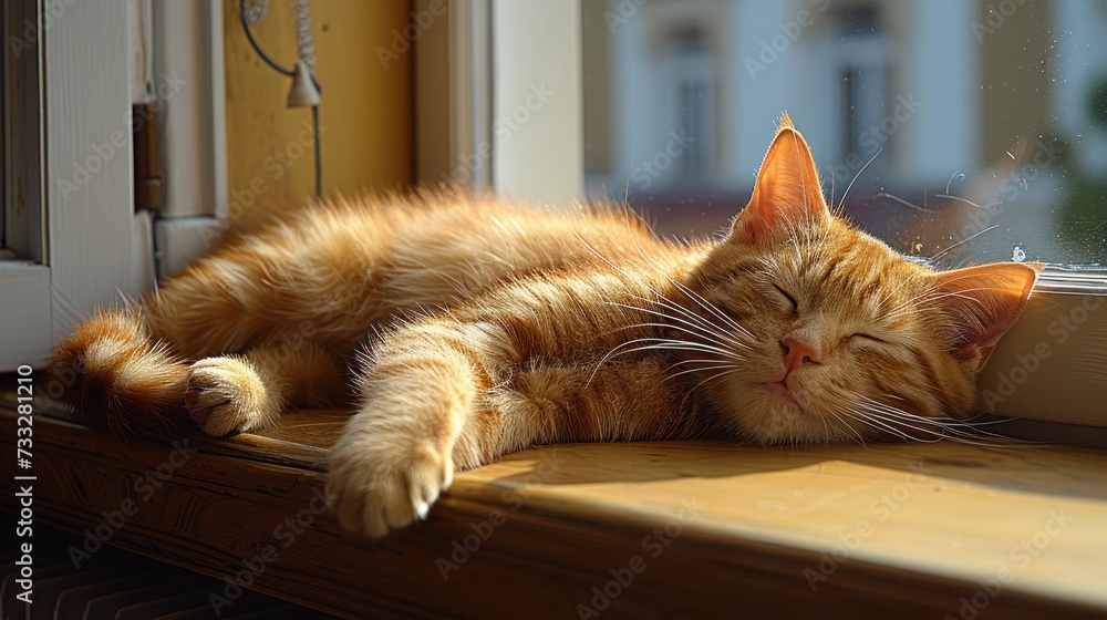 a close up of a cat laying on a window sill with it's head resting on a window sill.