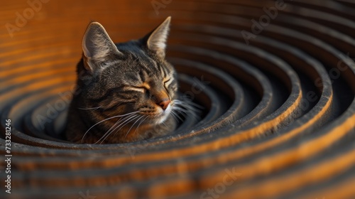 a close up of a cat laying down in a spiral shaped object with its head resting on the end of the cat's head. photo