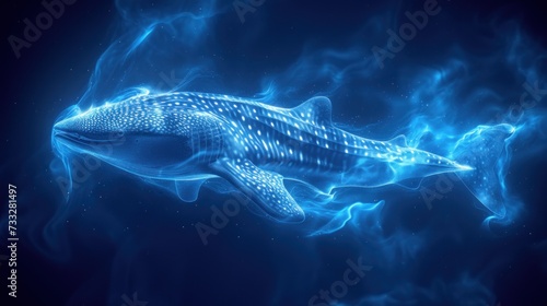 a whale that is floating in the air with a lot of blue smoke coming out of it's mouth.
