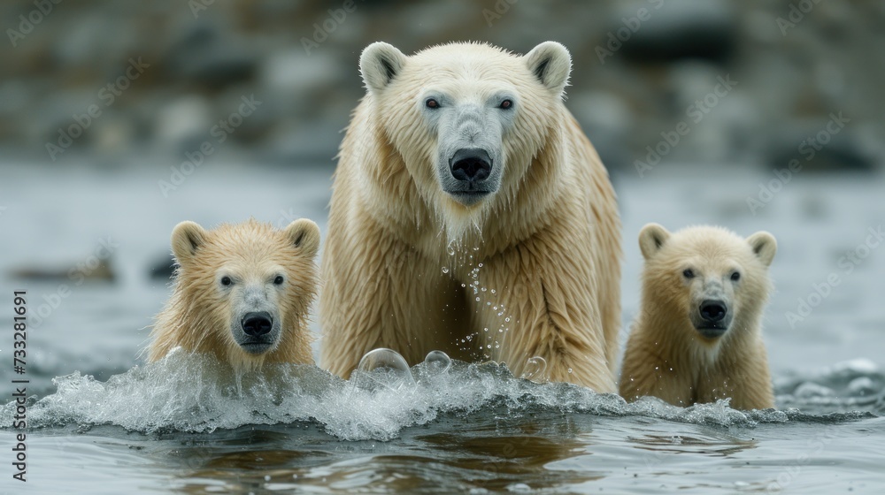 a mother polar bear and her two cubs swimming in a body of water with rocks in the backgroud.
